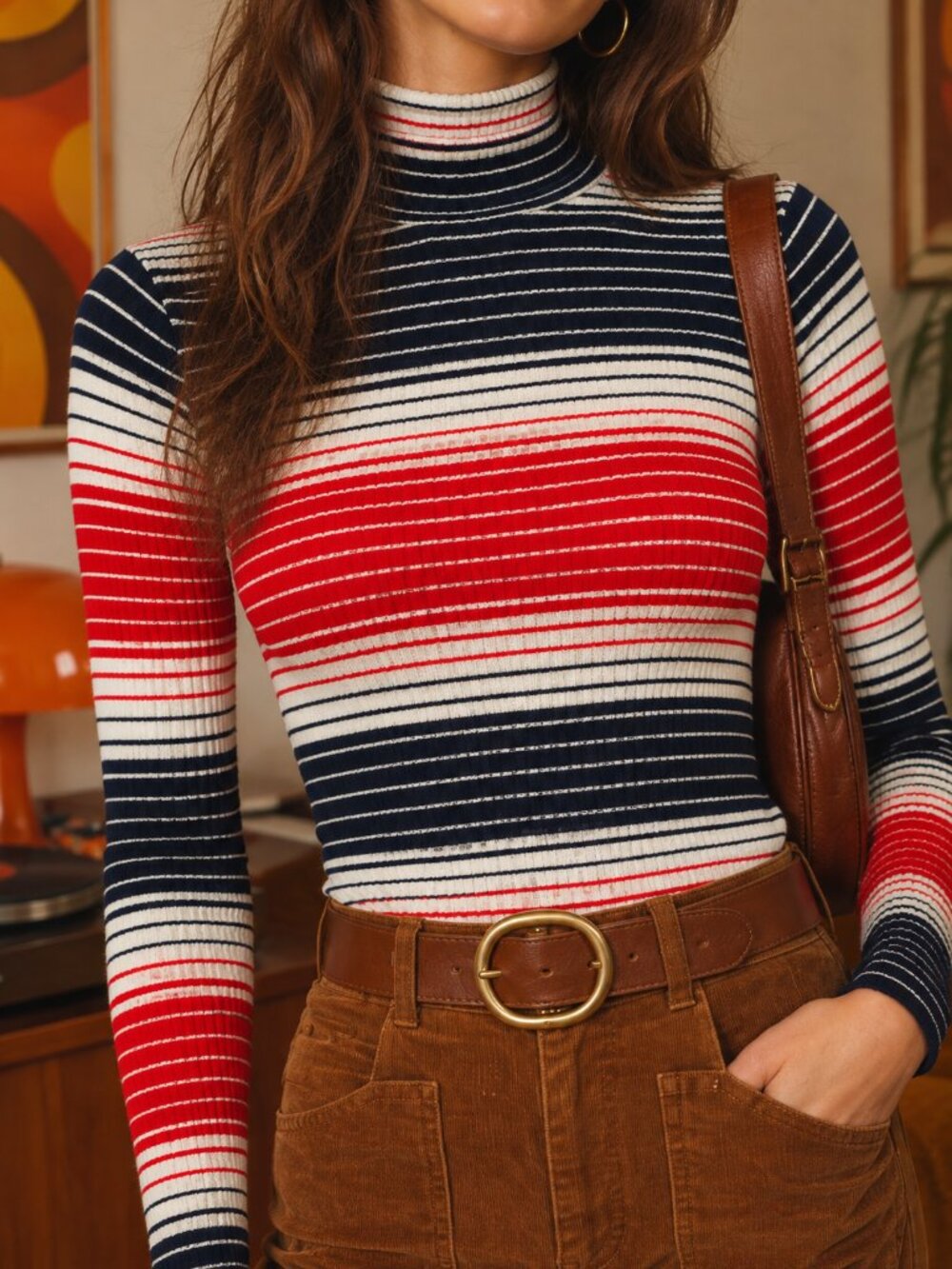 Vintage 70s Mod Striped Red, White & Navy Ribbed Mock-Neck Mock Neck Sweater XS